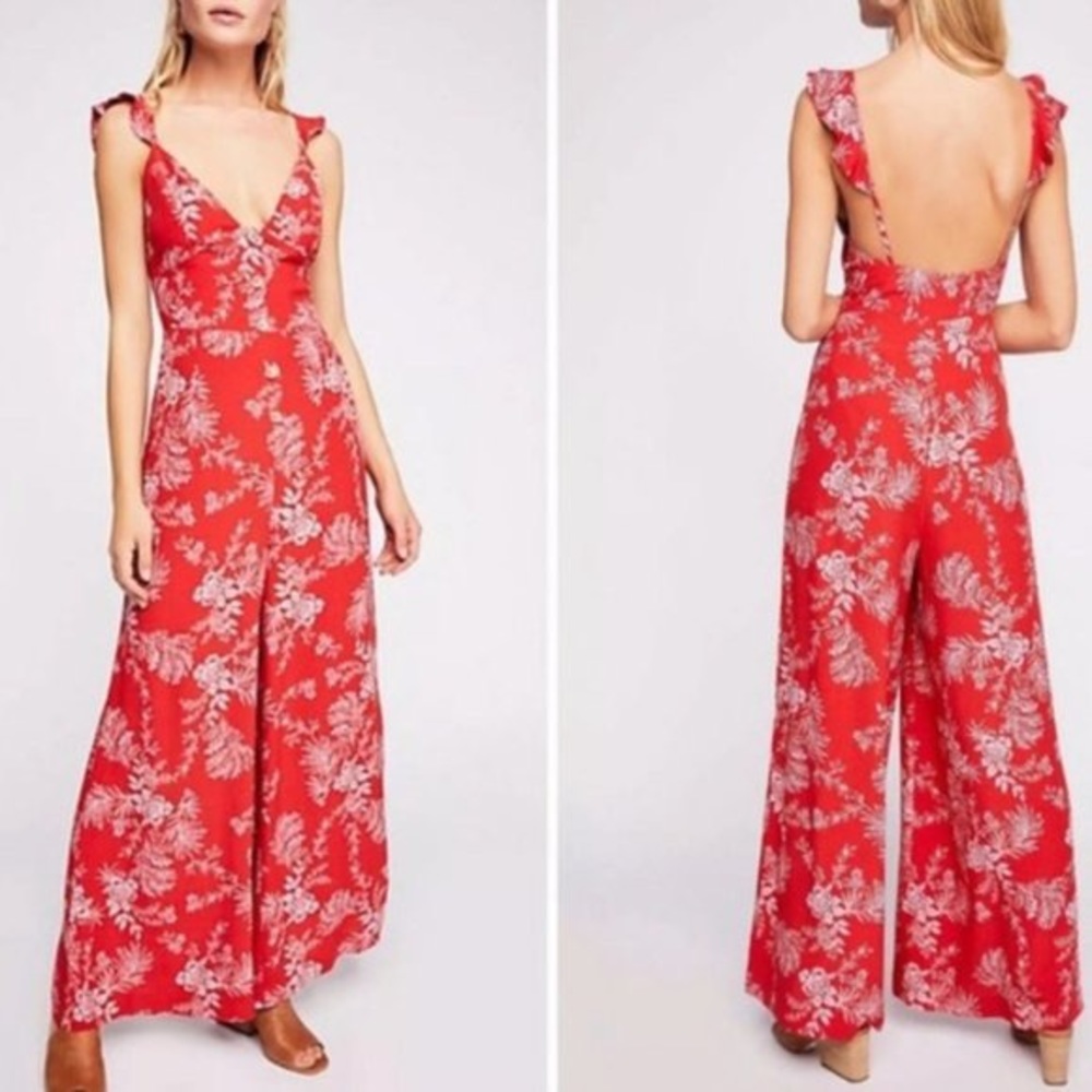 Free People Be The One Wide Leg Jumpsuit Floral Red Size 4